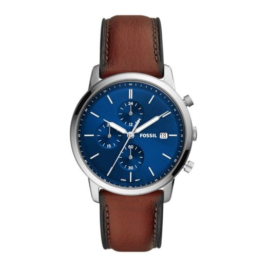 Fossil Gents Minimalist Brown Leather Blue Dial Chrono Watch - Mint by ...